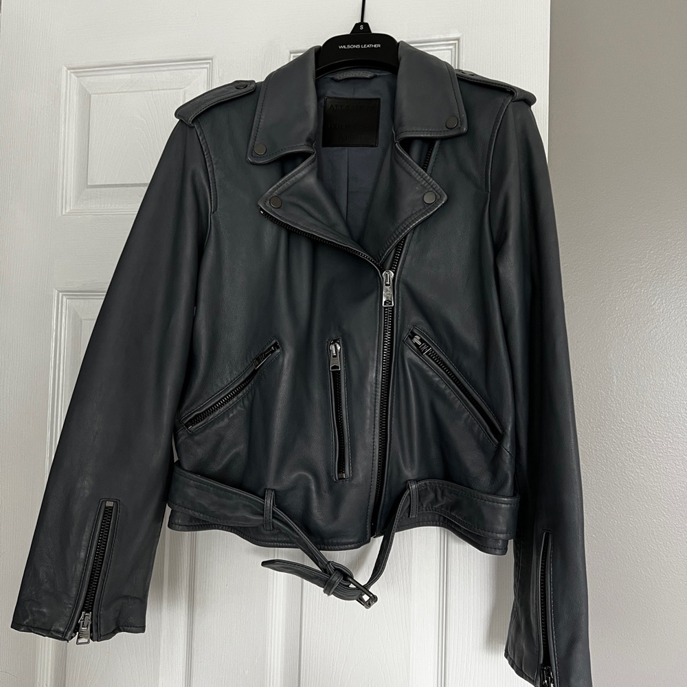 All Saints Balfern Slate Blue Leather Jacket size US 10 - Picture 2 of 6